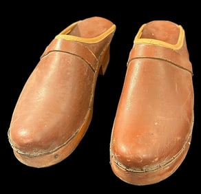 Vintage Wood and Leather Clog Shoes Handmade