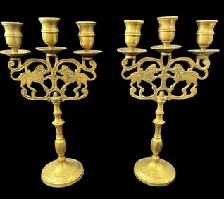 Pair of Brass Triple Candleabra Candlesticks