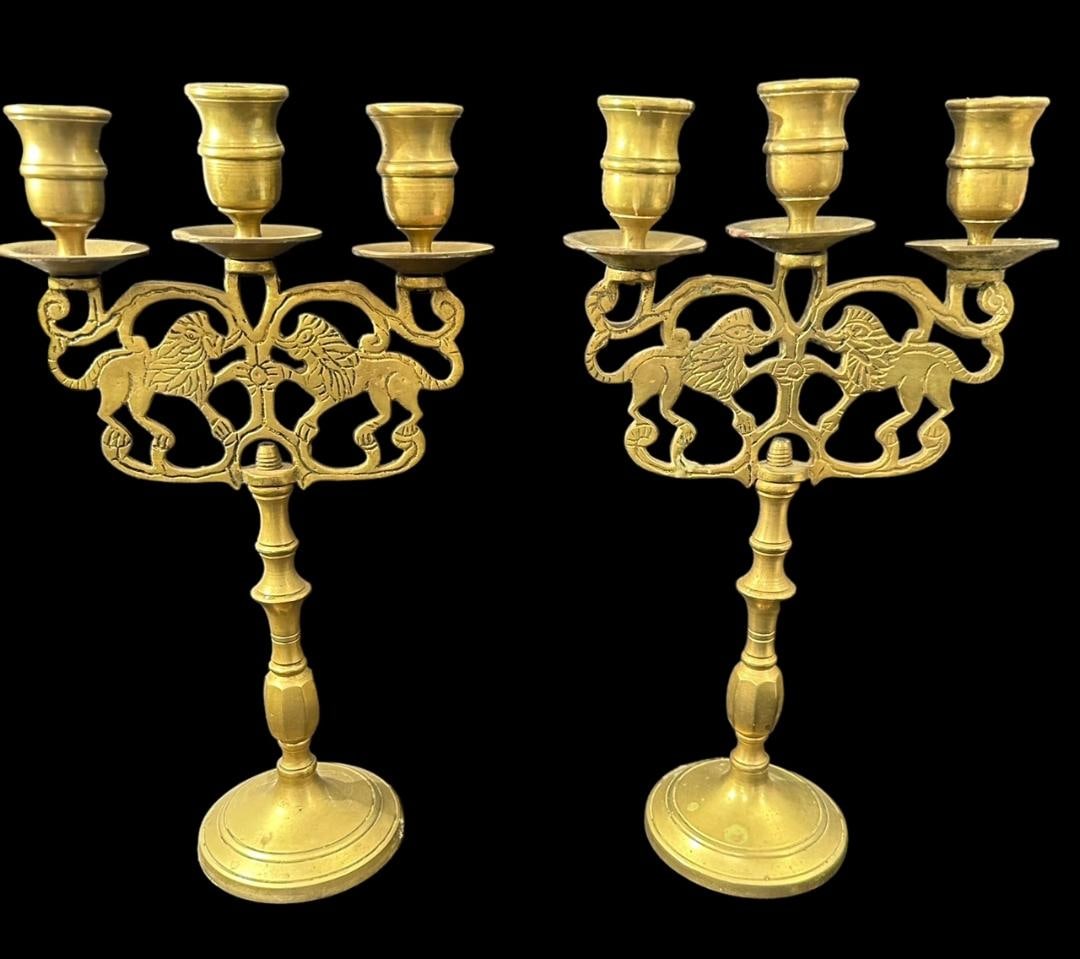 Pair of Brass Triple Candleabra Candlesticks (1 of 3)