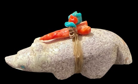 Carved Zuni Beaver Fetish Turquoise and Coral