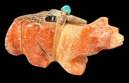 Carved Zuni Bear Fetish Feather, Turquoise Shell