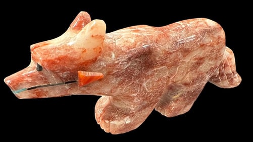 Carved Zuni Bear Fetish with Coral Arrow