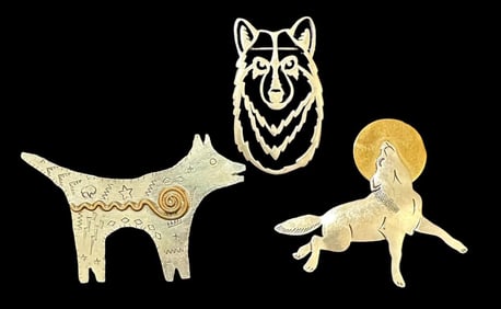 Lot of Three Wolf Pinbacks Brooches Sterling Signed D. Miller, RLH, MB