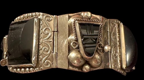 Mexico Taxco Sterling and Onyx Bracelet Carved Faces