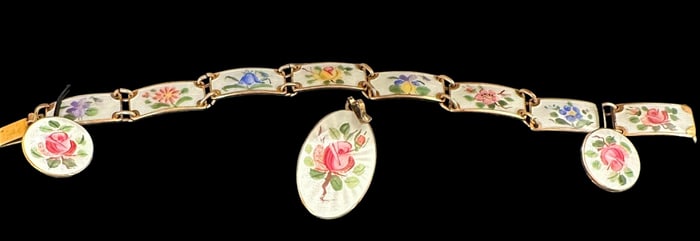 Sterling and Enamel Earring and Pendant Floral Set Norway OPRO