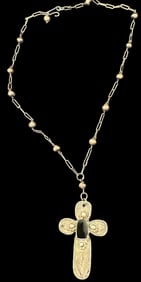 Silver and Onyx Pendant Cross Necklace Signed HL
