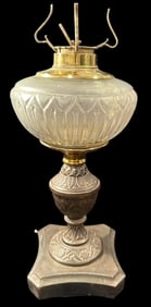 Antique Oil Lamp Cast Iron Base Camphor Frosted