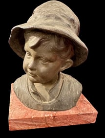 Bronze Boy Bust on Pink Marble Base Garanti Foundry
