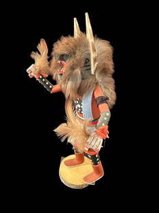 Hopi Wood Carved Painted "Wolf" Kachina Signed Padilla: Hopi hand carved painted kachina with fur and feather accents. Signed Padilla, titled "Wolf". Measures 11.5" tall. Domestic shipping $16. USPS shipping cost only, no additional fees for in-house mater