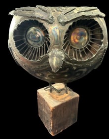 Brutalist Style Metal Owl Sculpture Signed by Lott