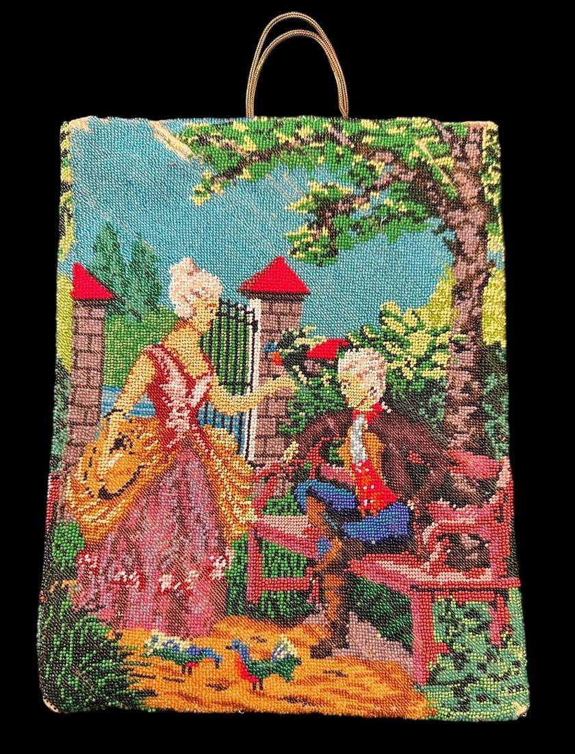 Antique Micro-Beaded Drawstring Purse Victorian Image Bright Colors (1 of 6)