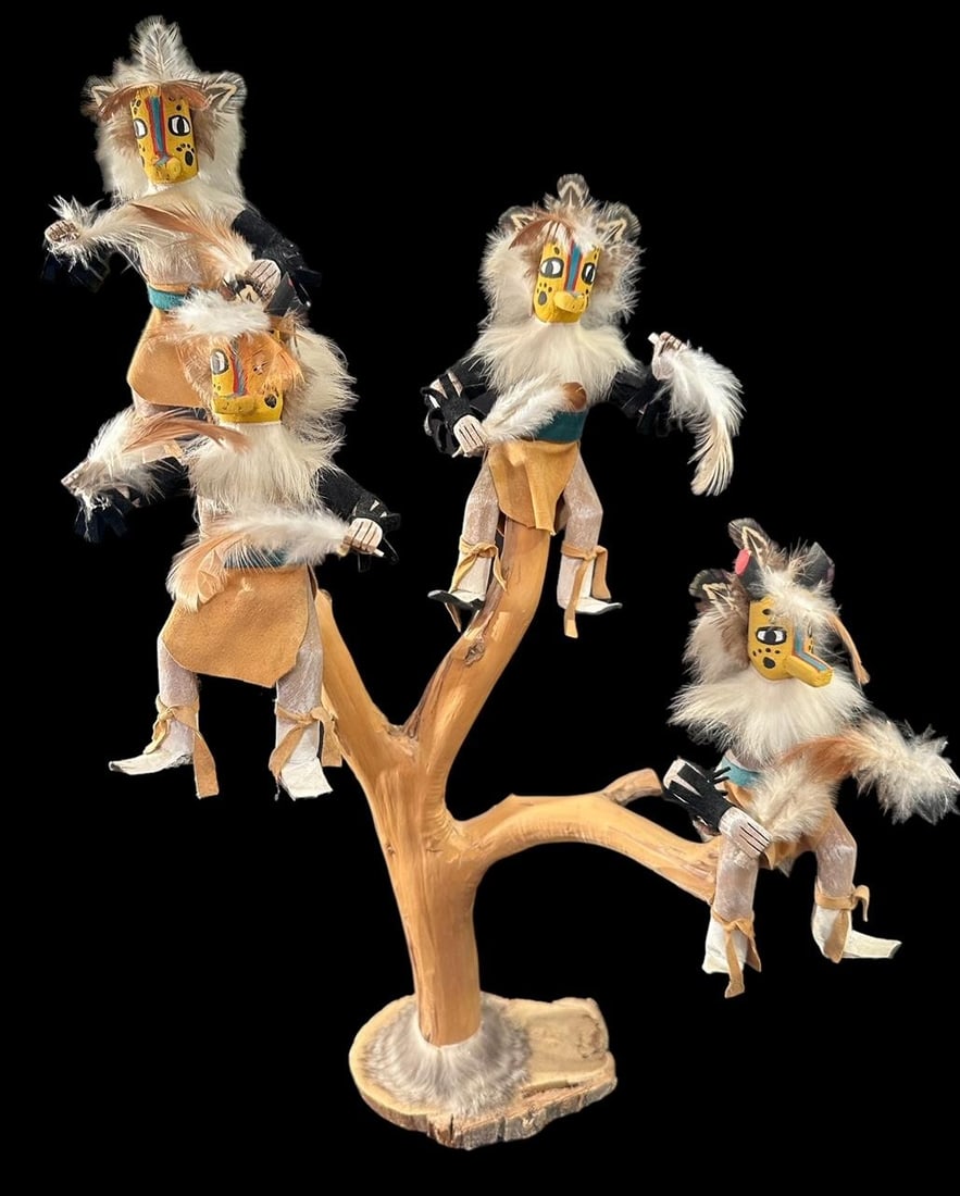 Native American "Family" Kachina Tree Signed Rare Piece: "Family" of Native American kachinas on a tree on a wood slab stand. Very interesting piece. Signed - see photos. Kachinas measure 6". Tree measures 18.5". Domestic shipping $28. USPS shipping cost on