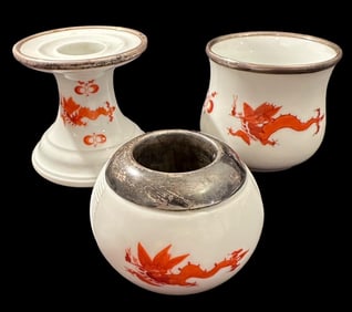 Meissen Red Dragon Pattern Match Holder, Cigarette Holder and Candlestick Silver Rims