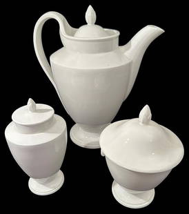 Furstenberg West Germany Porcelain Empire Coffee Pot and Lidded Dishes: Vintage Furstenberg West German coffee pot with two lidded dishes. Empire design. Pot measures 9.5". Sugar shaped dish measures 6". Urn shaped lidded dish measures 6". Domestic shipping $24. USPS ship