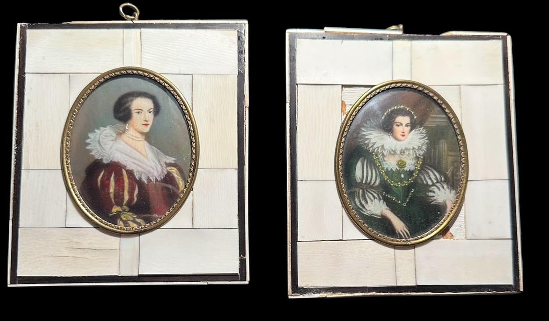 Antique Miniature Baroque Paintings on Porcelain in Bone Picture Frame Lot of Two: Circa 1850 Lot of Two Painting on porcelain in a bone picture frame. Measures 5.5" x 5". Back has handwritten name: Anne Sheffield and Anna Maria Erzherzoghin Von Oesterreich. Domestic shipping $18. U