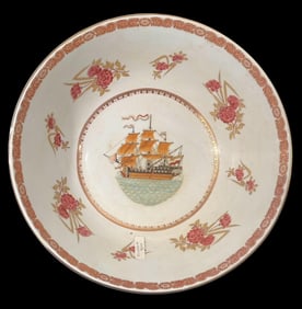 Chinese Guilded Bowl Sailing Ship 1821-1850 Da Qing Qianlong Nian Zhi