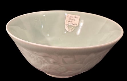 Rare Chinese Longquan Glazed Celadon Bowl Carved Fish Motif