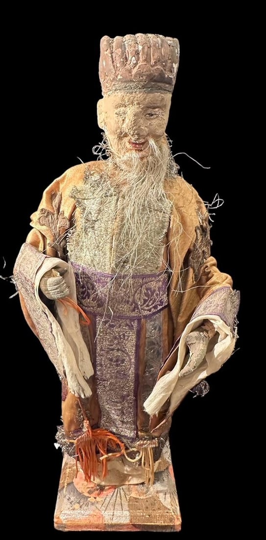 Chinese Hand Carved Wood Figure With Human Hair - Ca 1850s (1 of 3)