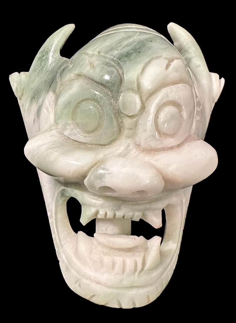 Old Chinese Hand Carved Jade Belt Buckle/Pendant Devil: Old Chinese hand carved Jade devil face belt buckle or pendant. Measures 3". Domestic shipping $8. USPS shipping cost only, no additonal fees for in-house materials or handling. International shipping