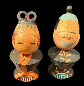 Pair Of Vintage Japanese Bobble Head Kokeshi Dolls