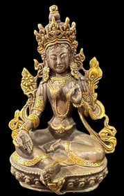 Tibetan White Tara Figure Metal with Gilding and Hallmark Stamped