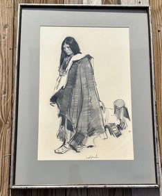 Ned Jacobs (1938) Signed Charcoal Painting "Crow Woman's Robe"