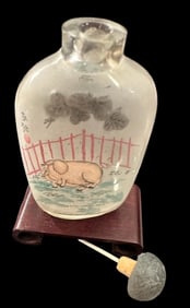 Glass Reverse Painted Snuff Bottle with Wood Stand