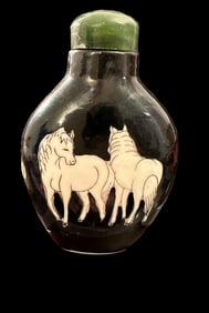 Hand Painted Horse Porcelain Snuff Bottle and Stand Signed