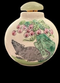 Hand Painted Rat Porcelain Snuff Bottle and Stand Signed