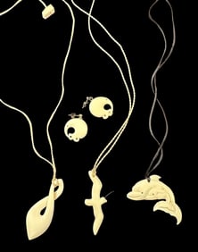 Lot of Four Inuit Bone Alaskan Pendant Necklaces and Earrings Ca. 1950s