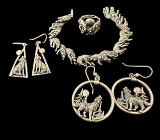 Signed Kabana Silver Wolf Earrings, Bracelet and Ring