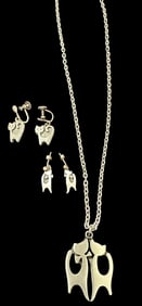 Signed Mid-Century Swedish Stylized Cat Pewter Necklace and Earrings R. Tennesmed
