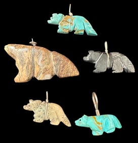 Lot of Five Zuni Wolf and Bear Pendant Fetishes