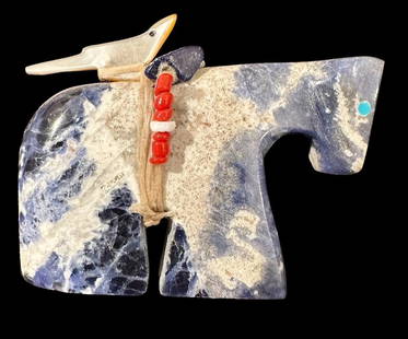 Native American Lapis Horse Fetish: Native American lapis horse fetish with bird on back and mother of pearl accents. Measures 2" long. Domestic shipping $6. No additional fees for in-house materials or handling. International shipping