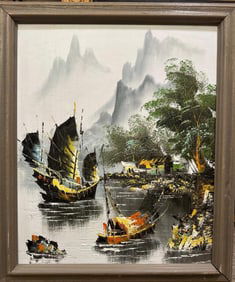 Mid Century Chinese Junk Boat Painting