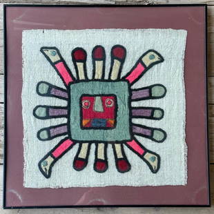 Inca/Peruvian Antiquated Textile: Framed Inca/Peruvian textile. Framed measures 25" x 25". Textile measures 19" x 19". Domestic shipping calculated at end of auction. USPS shipping cost only, no additional fees for in-house materials