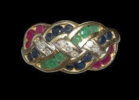 14K Gold and Ruby, Sapphire, Emerald and Diamond Chip Ring
