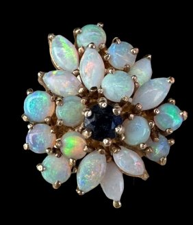14K Gold Ring with Opals and Center Sapphire