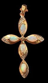 Opal and Diamond Cross Pendant on 14K Gold Chain