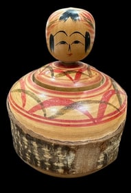 Signed Ejiko Kokeshi Doll on Hand Turned Wood Bowl
