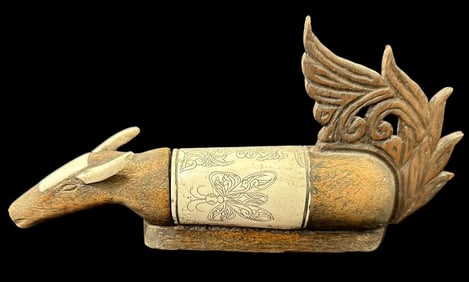 Antique Scrimshaw Bone and Wood Box Ox Head Mythical Creature Back