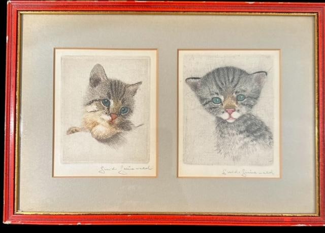 Guido Grunewald (1881-1935) Signed Colored Etchings: Guido Grunewald (1881-1935) was a 19th century Italian artist. Features hand colored etchings of pair of cats. Pencil autographed. He was the artist for the Chessie Cat character for the C & O Railroa
