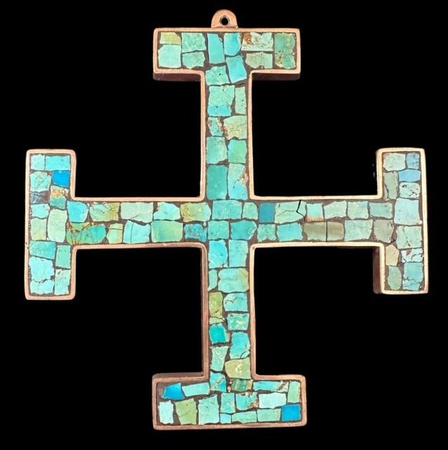Turquoise Inlaid Brass Cross Wall Hanging: Turquoise inlaid brass cross wall hanging. In the larger Jerusalem cross style. Nice heavy piece. Measures 8.25" x 8". Domestic shipping $12.