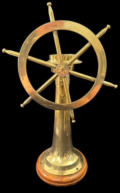 Vintage Nautical Brass Desk Top Steering Wheel and Compass (1 of 5)
