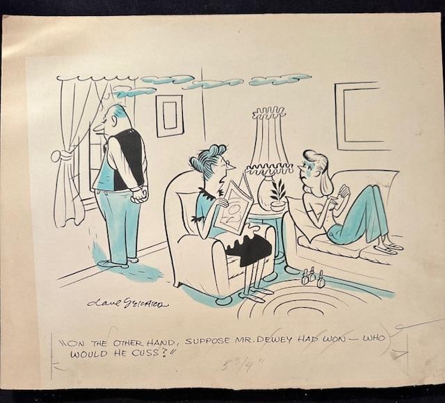 Dave Gerard Original Cartoon: Original cartoon and artists notes by Dave Gerard (1909 - 2003). He was an American humor cartoonist and local politician, known for his contributions to Collier's Weekly, Country Gentleman, and The S