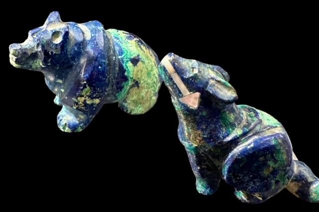 Native American Hand Carved Azurite or Lapis Fetishes: Lot of 2 Native American hand carved azurite or lapis fetishes. Bear - 2", coyote 1.5". Unsigned. Domestic shipping $8.