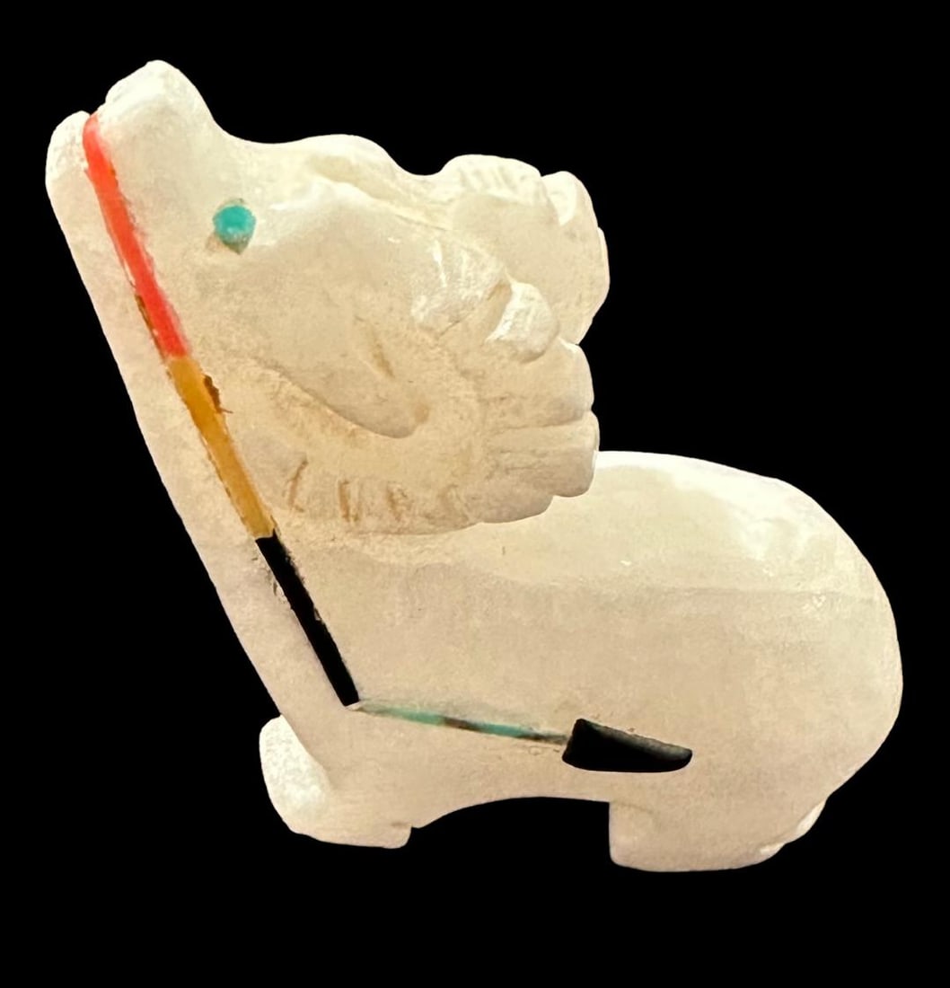 Native American Hand Carved Ram Fetish Inlay Onyx, Turquoise, Coral: Native American hand carved ram fetish. Inlaid with onyx, turquoise and coral. Unsigned. Measures 1.5". Domestic shipping $8.