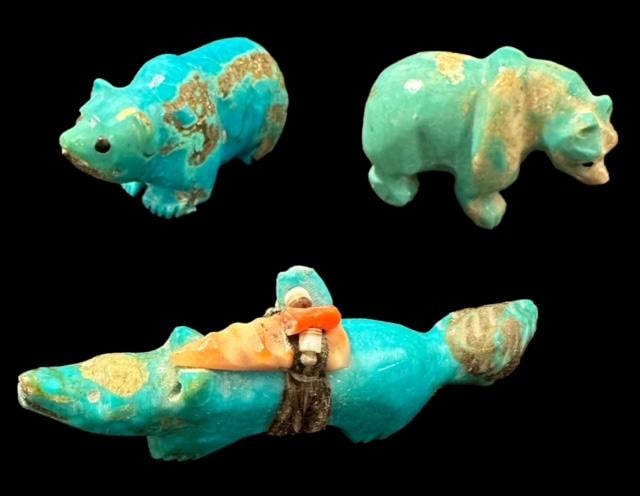 Lot of Three Native American Hand Carved Turquoise Fetishes: Lot of three turquoise fetishes. Fox fetish has sinew, coral and turquoise accent and measures 2.5". One bear measures 1.25" and the other 1.75". All unsigned. Domestic shipping $10.