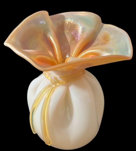 Orient Flume "Closed Bag" Vase: Orient flume "closed bag" vase. Opalescent white to orange in color. Outstanding detail. Signed. Measures 8" x 6". Domestic shipping $16.