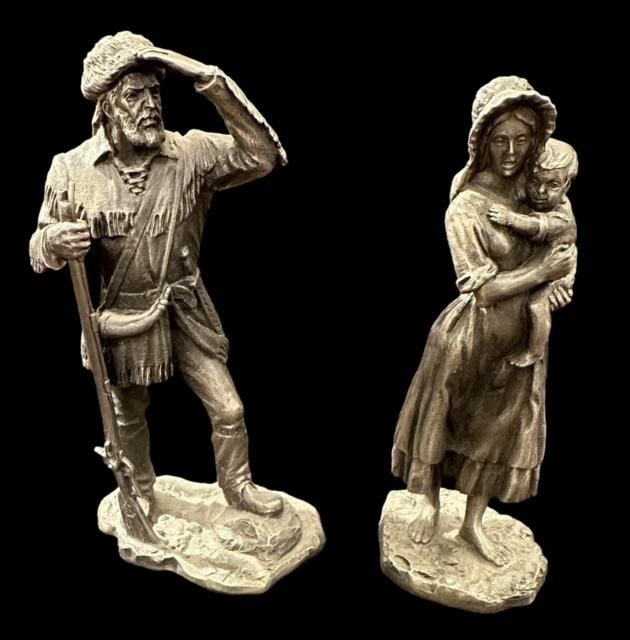 Pair Of Pewter Pioneer Statuettes: Pair of pewter statuettes by the American Sculpture Society. "The Frontier Man" and "The Pioneer Woman". Measure 4.5" tall. Domestic Shipping $8.